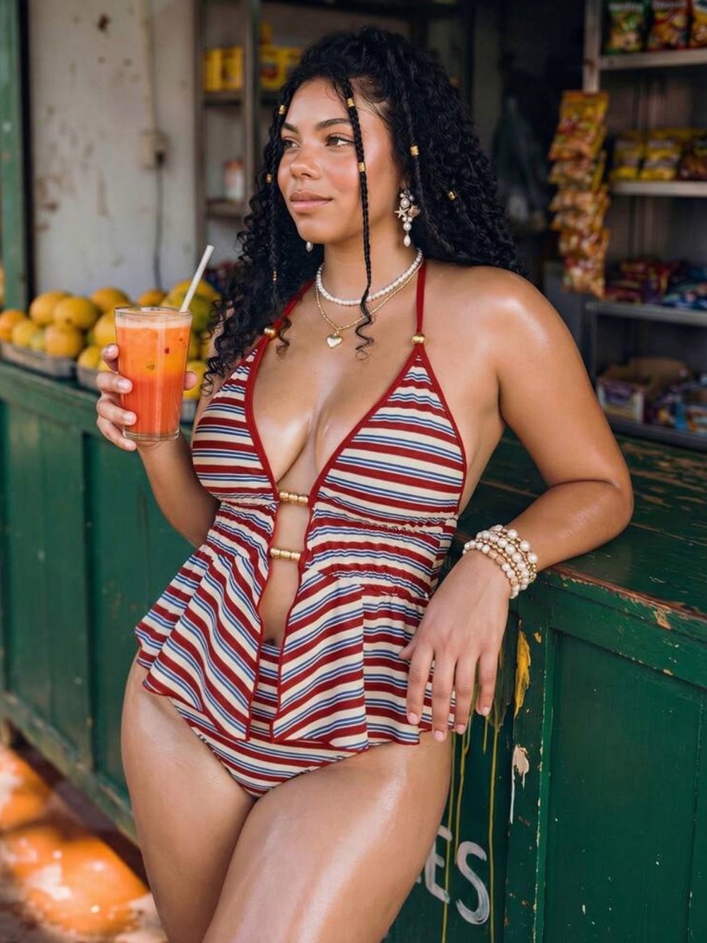 SHEIN Red Striped Halter Peplum One-Piece Swimsuit